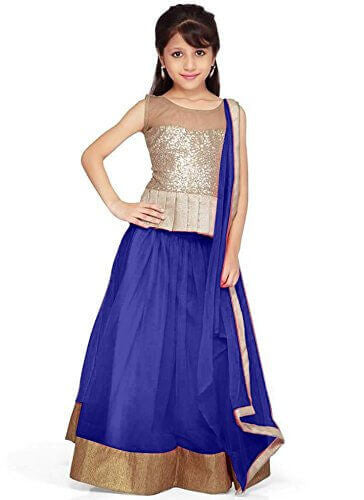 Blue net party wear kids- lehenga choli dress material